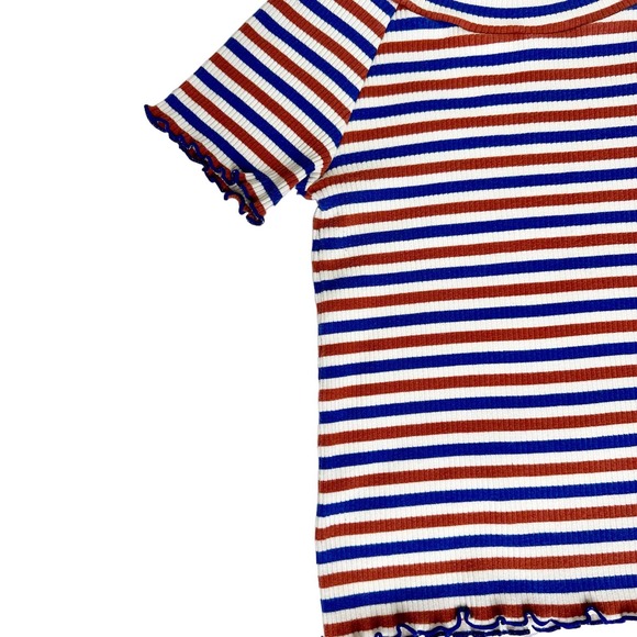 Cute 60s / 70s Colored Striped Lettuce Trim Casual Blouse Top XS - Picture 4 of 6